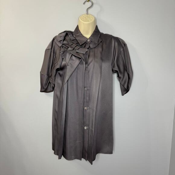 Marni Ruffle Pleated Button Front Blouse Taupe Grey Women's Sz 4 - Picture 13 of 14